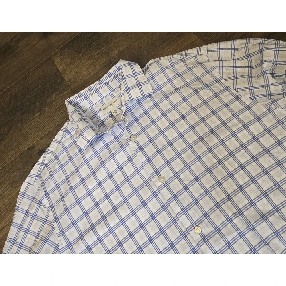 Banana Republic‎ Blue White Tartan Dress Shirt Mens 17-17.5 Long Sleeve Preppy